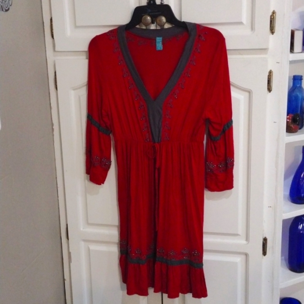 Urban Mango Beaded V-Neck  Red Dress Large Embroidered